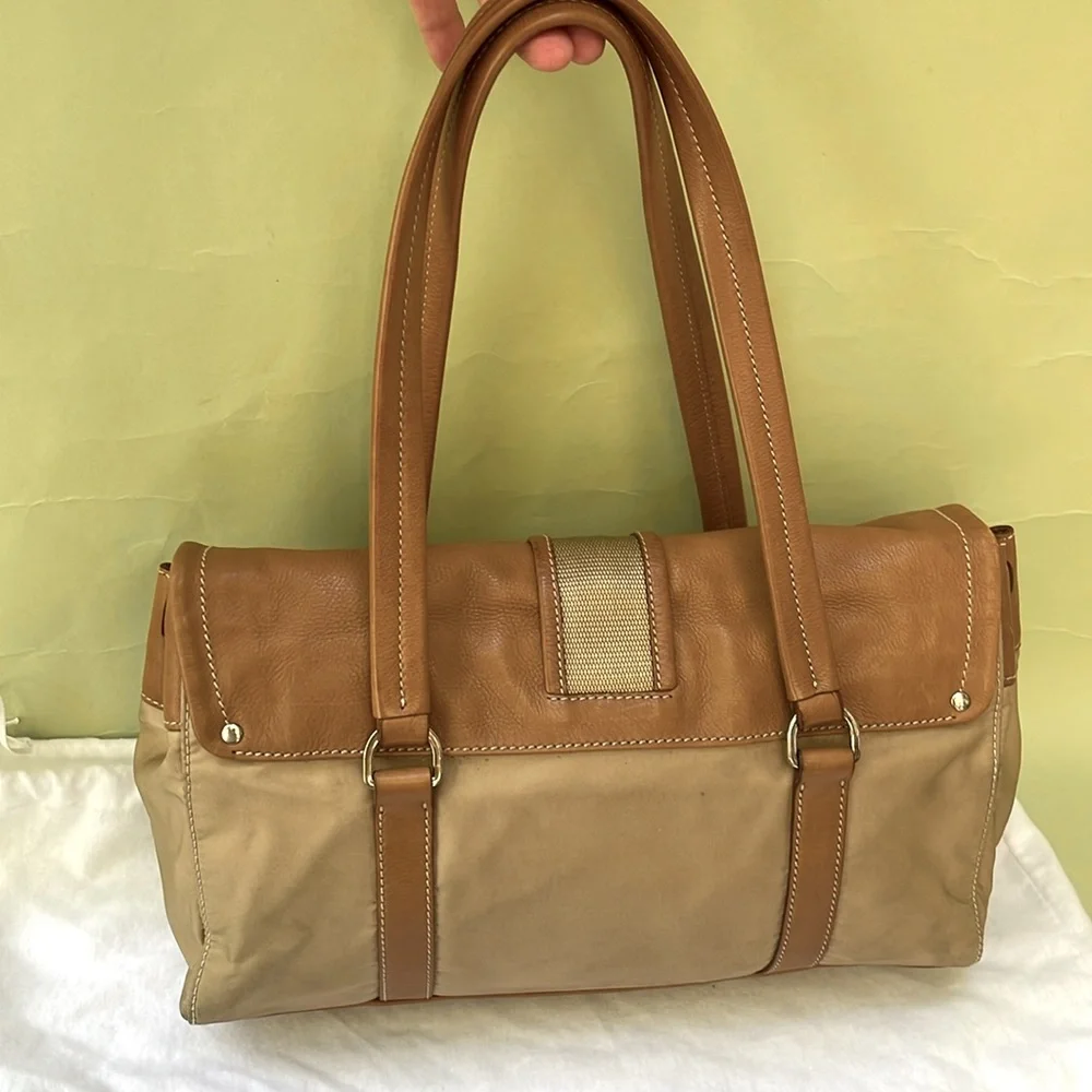 Vintage tan/silver Prada nylon/leather bag with dust bag